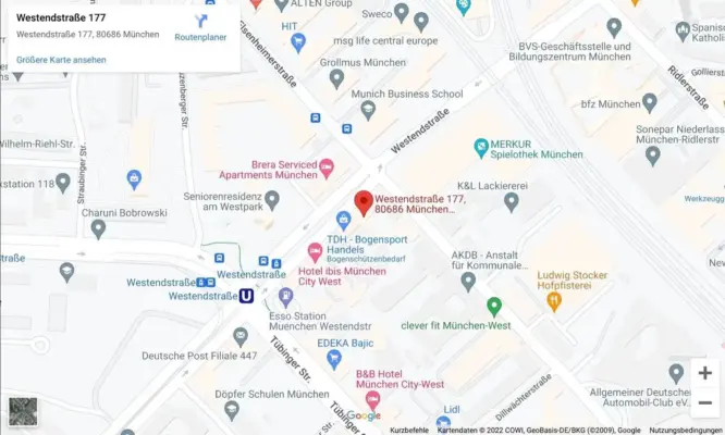 Audio postproduction 4 Google Maps showing the location of SOUNDSTARSTUDIOS Recording Studio at Westendstraße 177, Munich.
