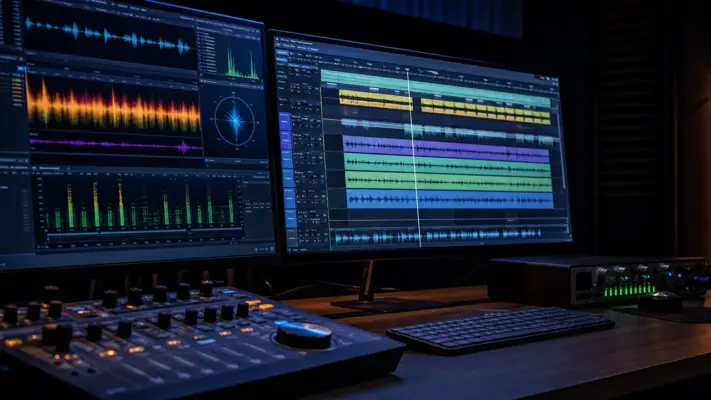 Audio postproduction 1 Professional audio editing workstation with digital audio workstation software, waveforms, and a mixing session at SOUNDSTARSTUDIOS Recording Studio and Music Studio in Munich.