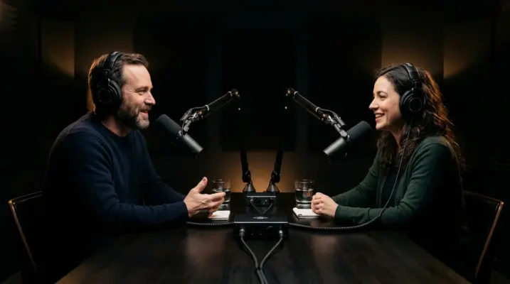 A man and a woman during a professional podcast recording session using Shure SM7B microphones and headphones at SOUNDSTARSTUDIOS Recording Studio Munich.