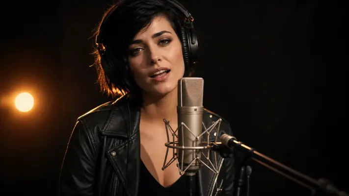 Female singer wearing headphones during a professional vocal recording session at SOUNDSTARSTUDIOS Recording Studio and Music Studio in Munich – perfect experience gift voucher.